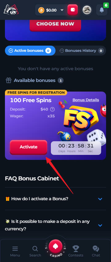 BetFury 100 Free Spins No Deposit Bonus - Step 3 - Activate 100 Free Spins Bonus