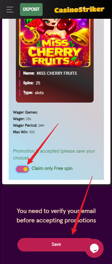 CasinoStriker No Deposit Free Spin Bonus - Step 3 - Accept Promotion