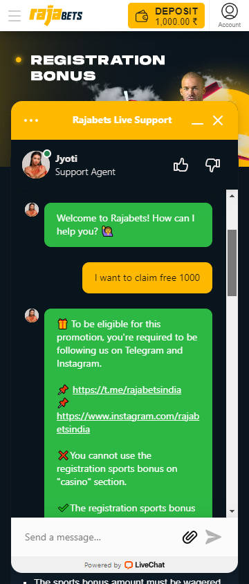Rajabets 1000 INR No Deposit Bonus - Step 3 (Contact Rajabets Live Chat Support) - A