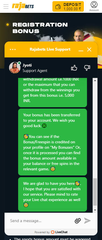 Rajabets 1000 INR No Deposit Bonus - Step 3 (Contact Rajabets Live Chat Support) - D