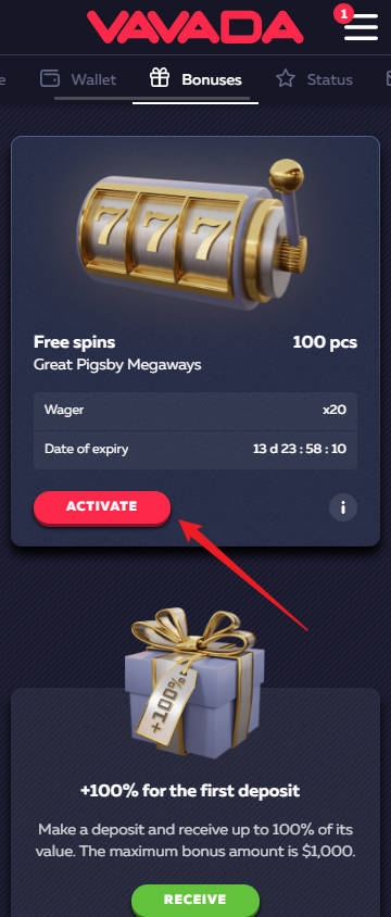 Vavada 100 Free Spins No Deposit Bonus - Step 3 - Activate 100 Free Spins