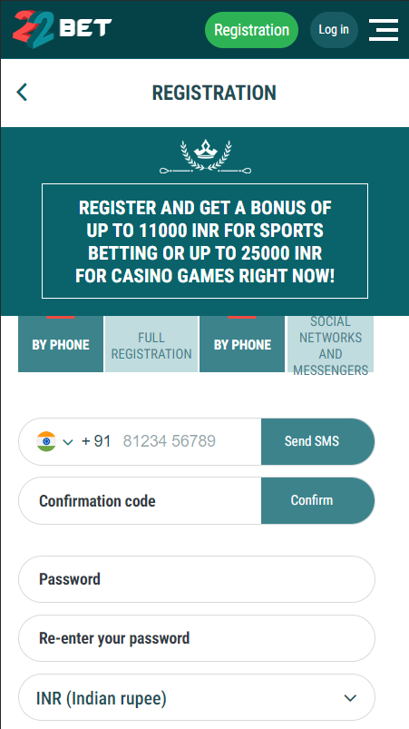 22bet 100% Sports Betting Bonus - Register - B
