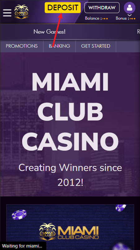 Miami Club 800 INR No Deposit Bonus - Step 2 - Go to Deposit Page - A