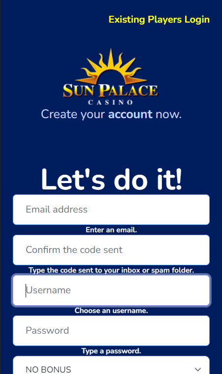 Sun Palace 1600 INR No Deposit Bonus - Step 1 - Register - B