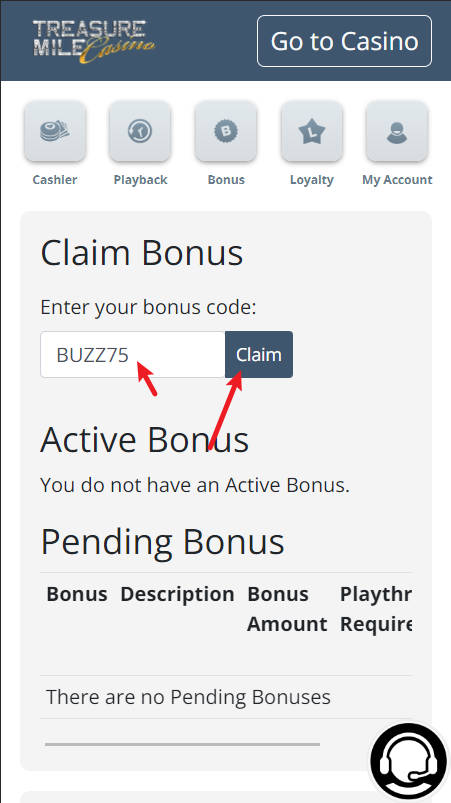 Treasure Mile 75 Free Spins No Deposit Bonus - Step 3 - Claim with Bonus Code - A