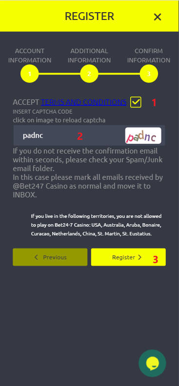 Bet 24-7 Casino 88 Free Spins No Deposit Bonus - Step 1 - Register - D