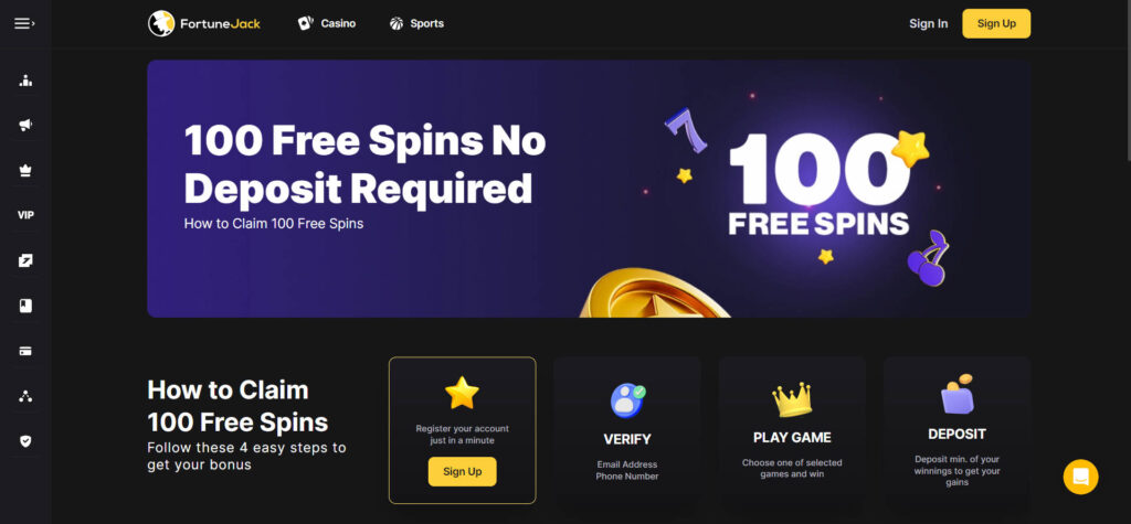FortuneJack 100 Free Spins No Deposit Bonus - Banner
